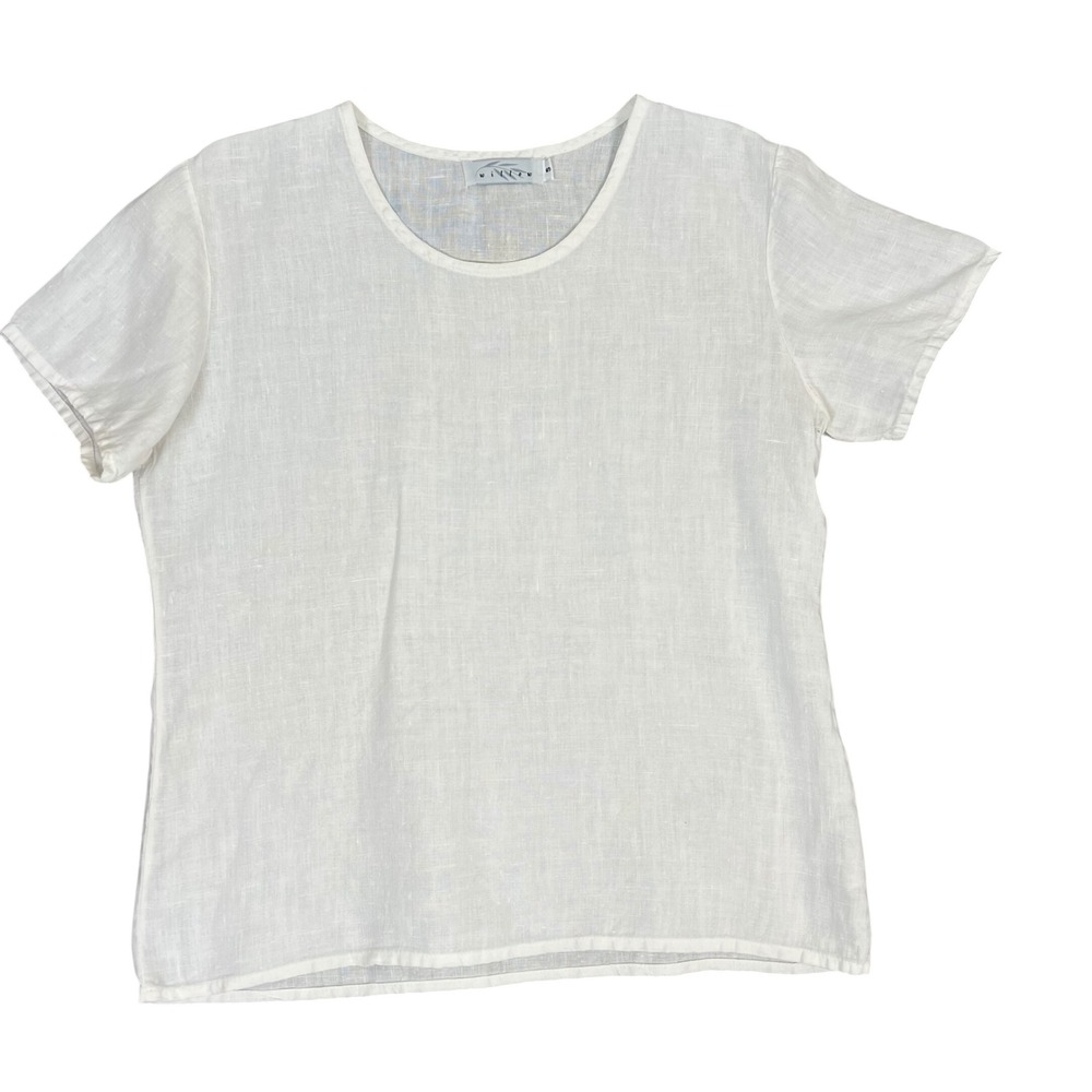 Willow White 100% Linen Short‎ Sleeve Scoop Neck Top Blouse Made in USA Small